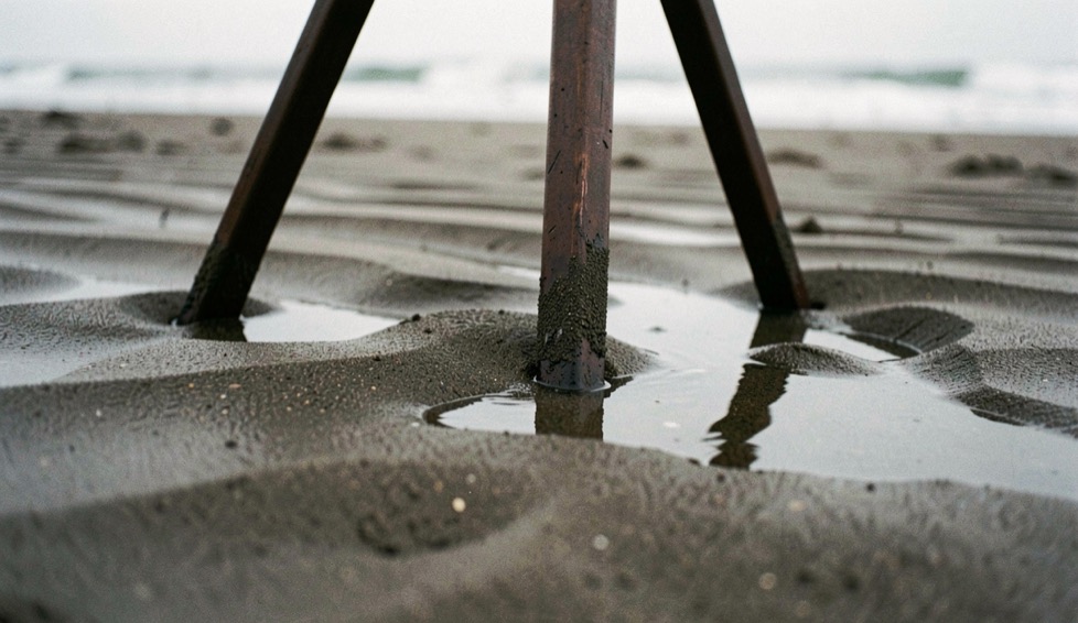 A tripod foot standing in rippled wet sand with a shallow film of water draining around it, the sand darkened and softened immediately around the foot, cold overcast light, very close low viewpoint