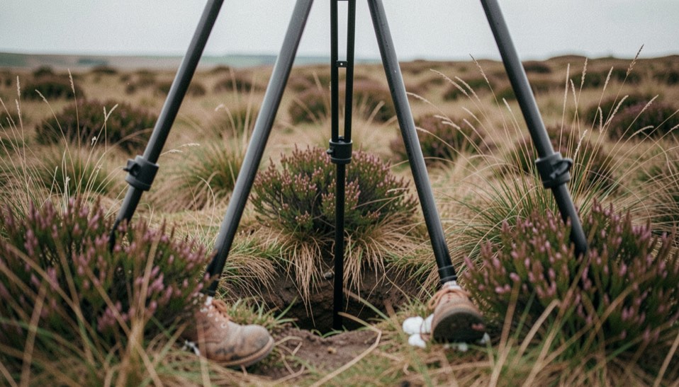 Three tripod legs planted wide apart on a moor, two feet resting on heather tussocks and one in a peat hollow, cotton grass around them, flat grey light, low close viewpoint along the ground