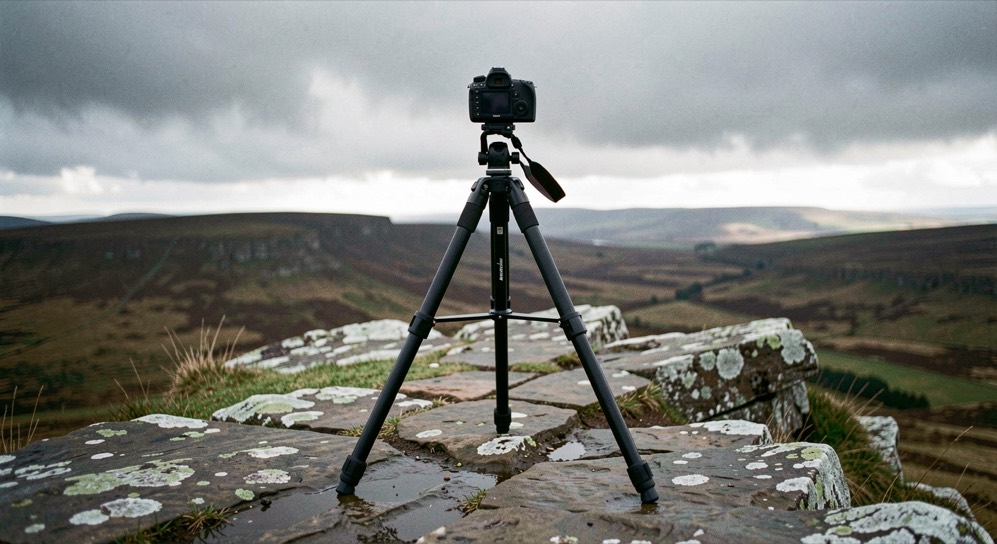 A camera on a tripod set low with the legs splayed wide on a stony ridge, the centre column fully down, dark cloud over moorland behind, cold flat light, low viewpoint from behind the camera